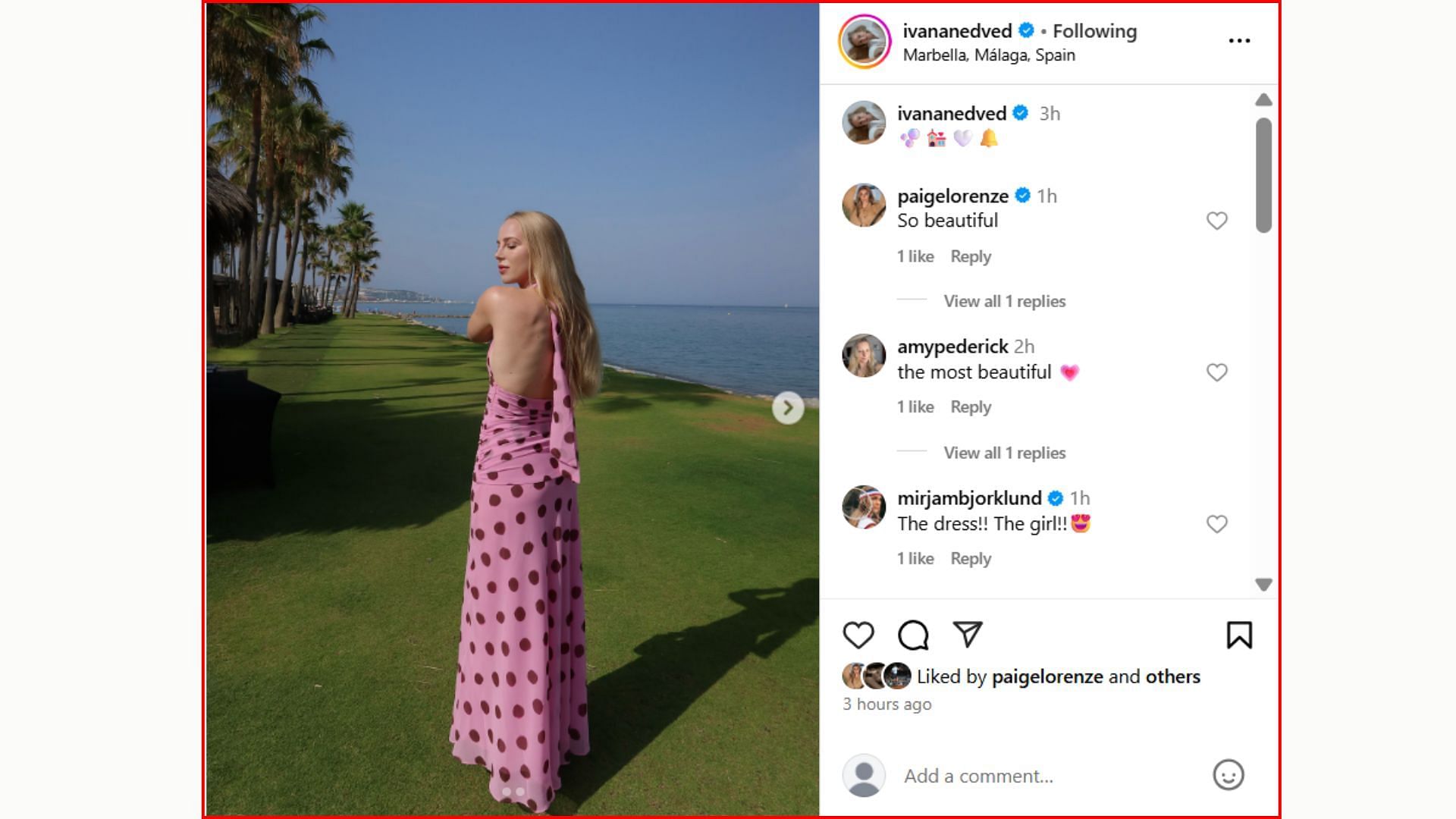 Comments from Paige Lorenze, Amy Pederick, and Mirjam Bjorklund on Sebastian Korda's girlfriend Ivana Nedved's post | Instagram @ivananedved
